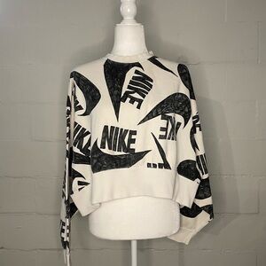 Nike White Cropped Sweatshirt with Black Logo Graphics